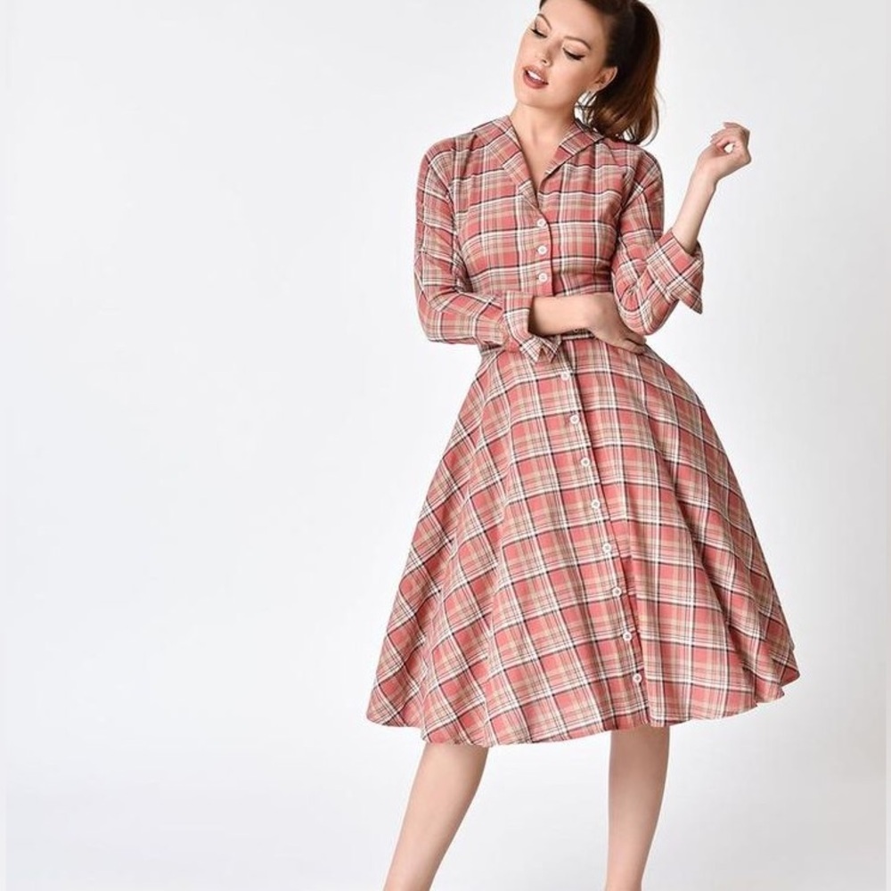 Unique vintage plaid A line midi dress